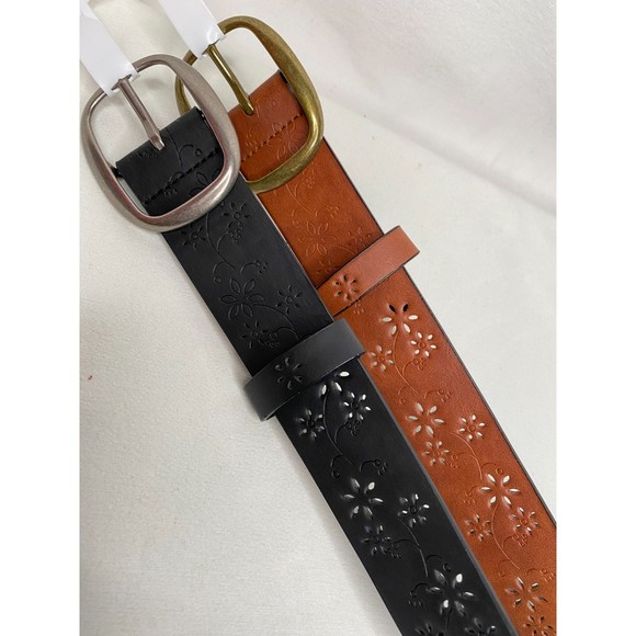 Jessica Simpson Belts Faux Leather Perforated Floral Black & Tan Size Small - Picture 5 of 8